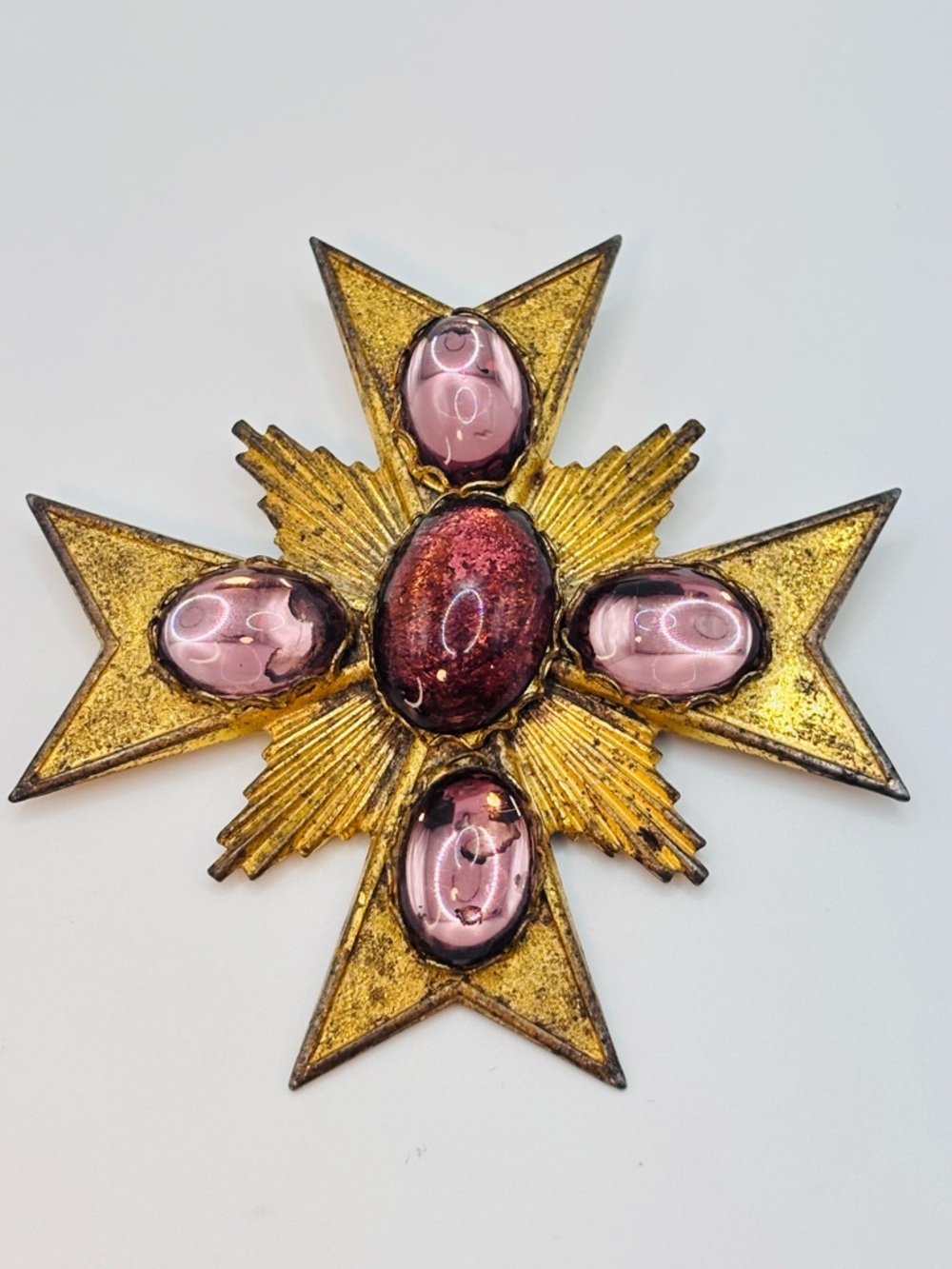 Rare Miriam Haskell Purple Poured Glass Maltese Cross Brooch Gold Tone Vintage